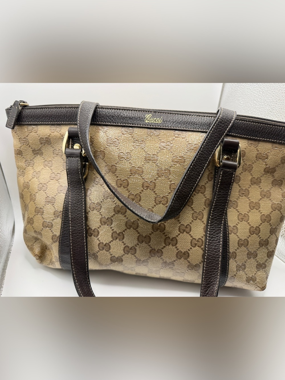 Gucci Brown GG Canvas Tote with Dark Brown Leather and Gold Logo